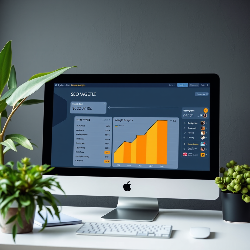 SEO optimizācijas process - datorekrāns ar Google Analytics statistiku, meklētājvārdu analīzi un interneta veikala redzamības uzlabošanas grafiku