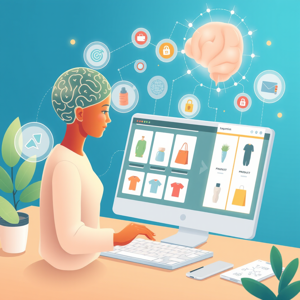 Personalizācijas tehnoloģiju ilustrācija ar AI algoritmu vizualizāciju, kas parāda kā mākslīgais intelekts analizē klientu datus un rada individualizētus produktu ieteikumus e-komercijas platformā
