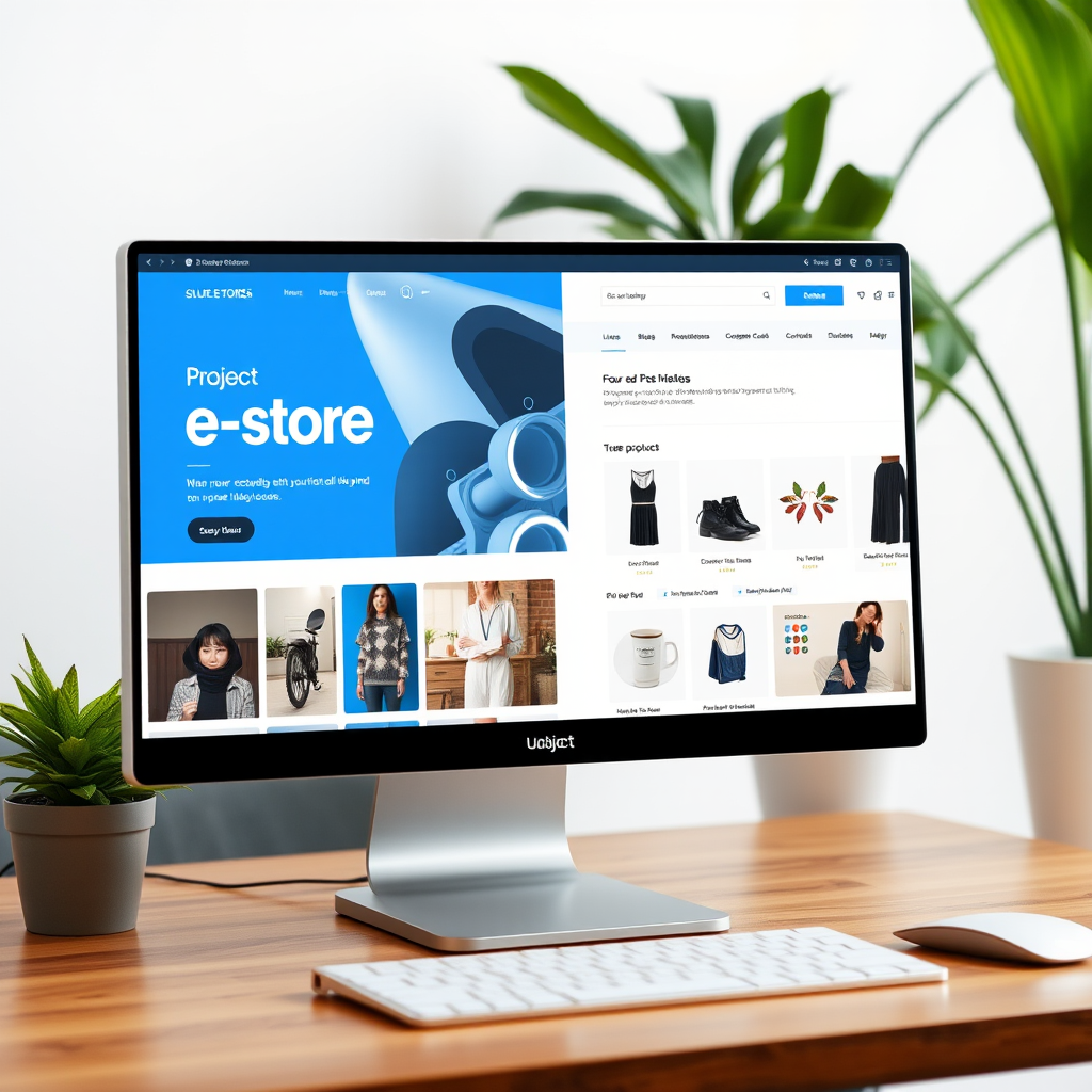Mūsdienīgs e-veikala dizains uz datora ekrāna, rādot elegantu un lietotājam draudzīgu saskarni ar ziliem akcentiem un produktu katalogiem