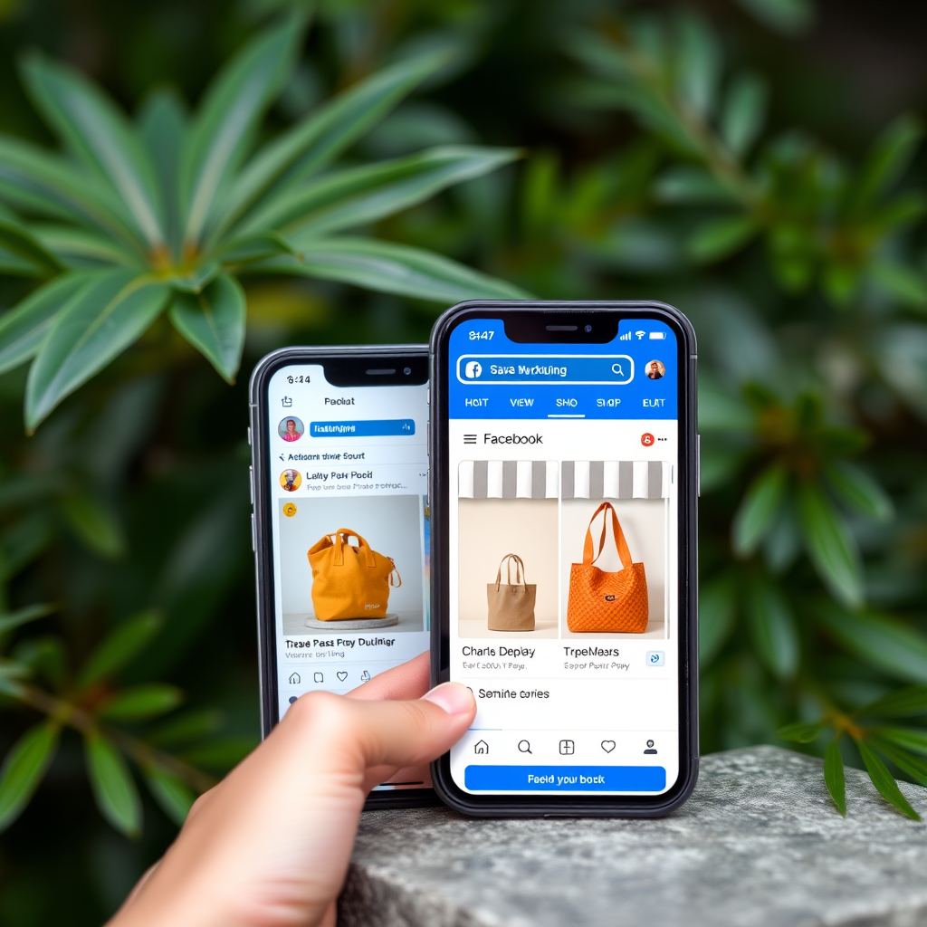 Sociālo mediju komercijas attēls ar Instagram un Facebook veikalu interfeisiem, kas parāda kā produkti tiek pārdoti tieši sociālajos tīklos ar integrētiem pirkšanas pogām un produktu katalogiem