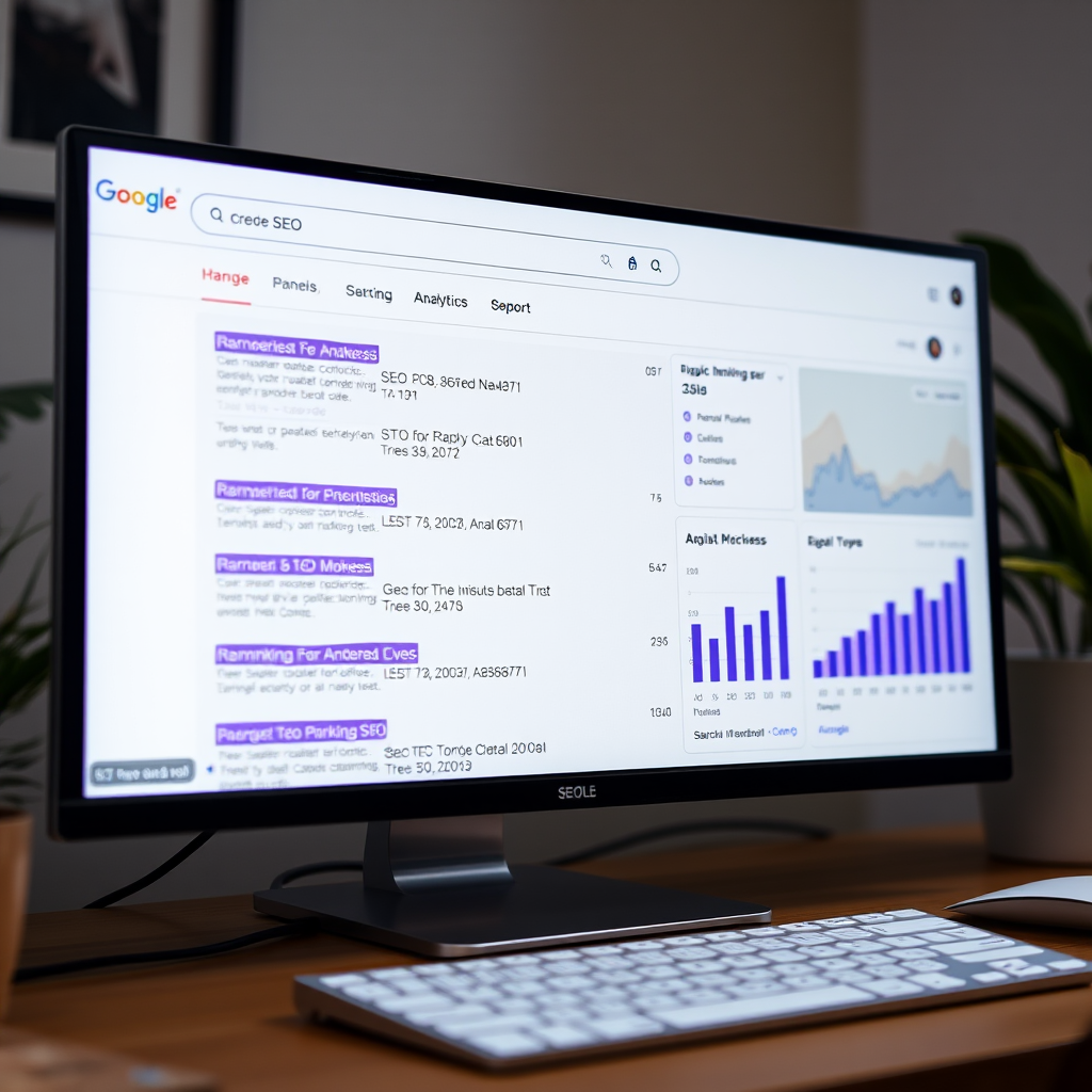 SEO optimizācijas process ar Google meklēšanas rezultātiem uz ekrāna, rādot augstus ranžējumus un analītikas grafikus ar violetiem akcentiem