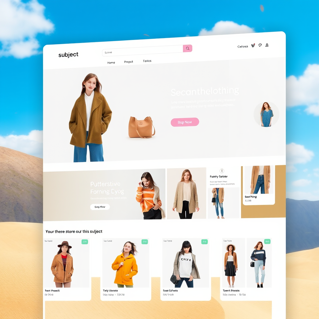 Mode un apģērbu e-veikala dizains ar elegantiem produktu katalogiem un stilīgu saskarni