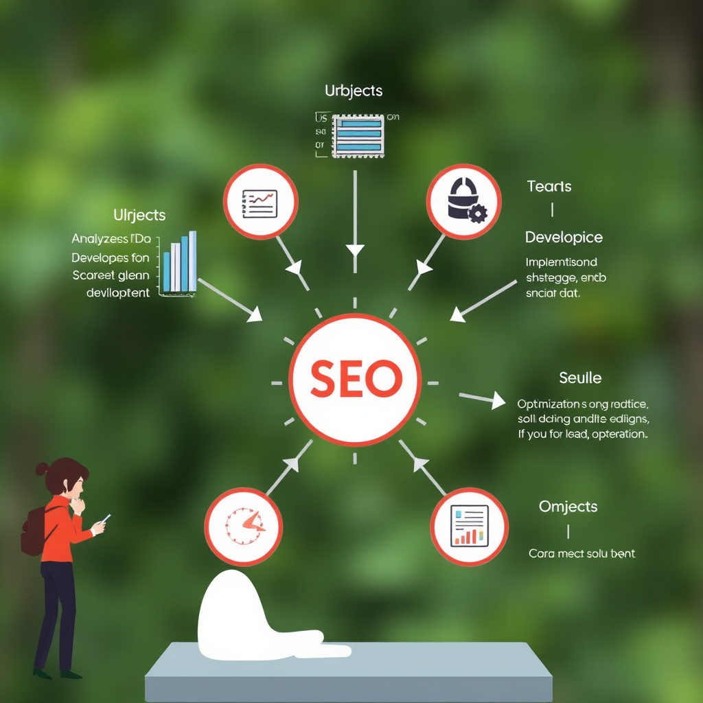 SEO stratēģijas izstrādes process - komanda analizē datus, izstrādā plānu un īsteno optimizācijas risinājumus