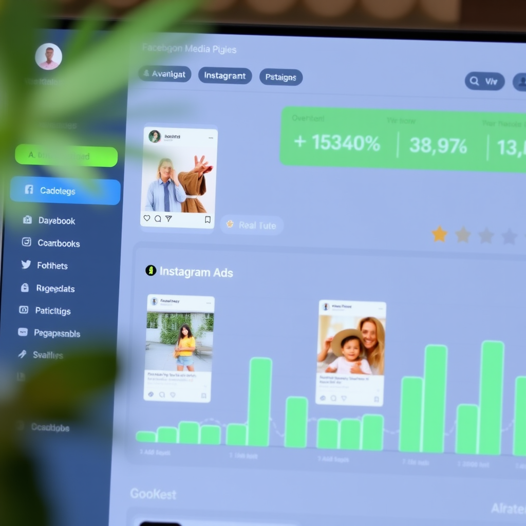 Sociālo mediju kampaņas vadības panelis ar Facebook un Instagram reklāmām, rādot engagement statistiku un zaļus grafikus