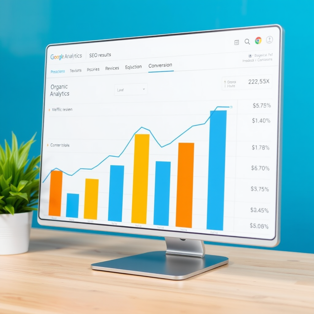 SEO rezultātu grafiks - Google Analytics ekrāns ar organiskā trafika pieaugumu, pozīciju uzlabošanos un konversiju statistiku