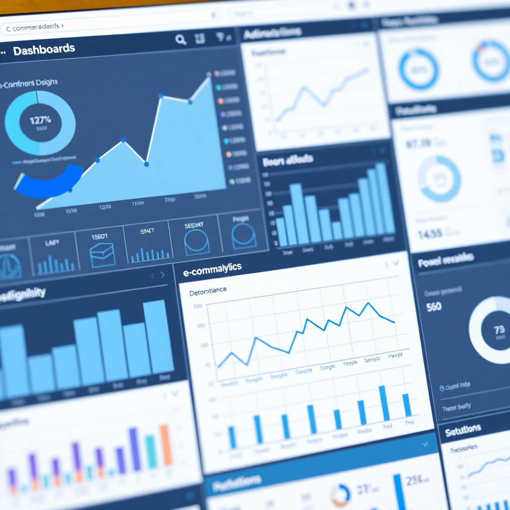 Detalizēti analītikas dashboardi ar grafiem un diagrammām, rādot e-veikala veiktspējas rādītājus un ziliem akcentiem