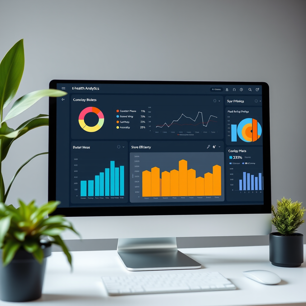 Datorekrāns ar eveseliba analītikas paneli, rādot dažādus grafikus un statistiku par klientu uzvedību un veikala efektivitāti